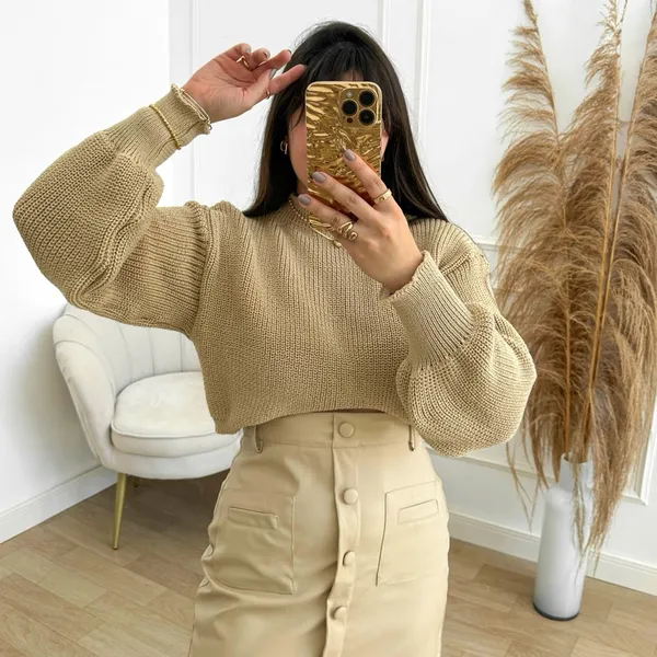 Cropped Trico  Feminino Blusa Manga Bufante Tricot Inverno Manga Longa