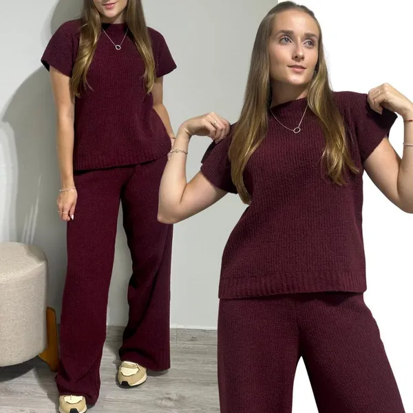 Conjunto Feminino Tricot Mousse Calça Blusa Manga Curta Lã Casual Confortável Moderno Estiloso