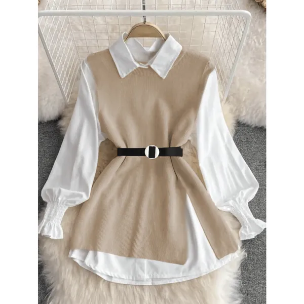 Liuhan Modasfeminina 2 peças/Conjunto Colete Com Manga De Lanterna Branca de Primavera e Colete De Malha De Ajuste Solto
