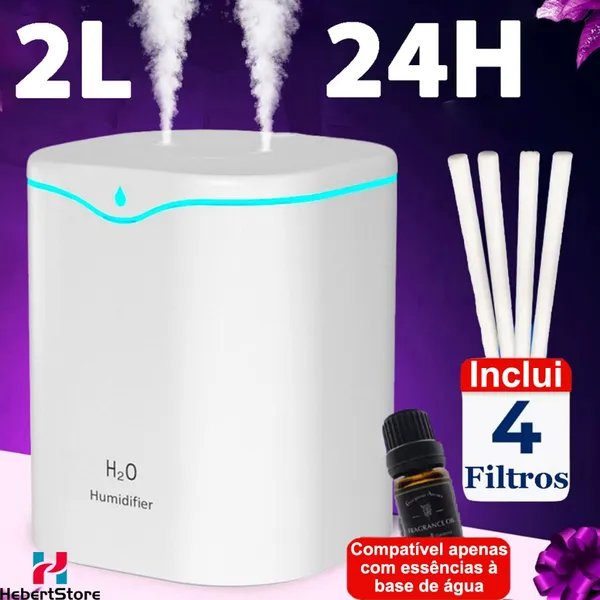 Umidificador de Ar e Aromatizador Grande 2 Litros 24 Horas com 2 Saídas de Ar e Led 3 em 1 Multifuncional para Quarto