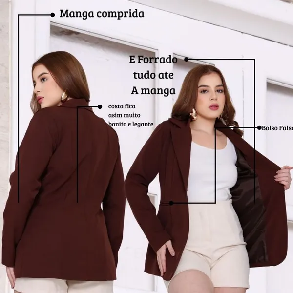 Blazer ​Forrado Max Feminino Alfaiataria Premium Social Bolso Falso