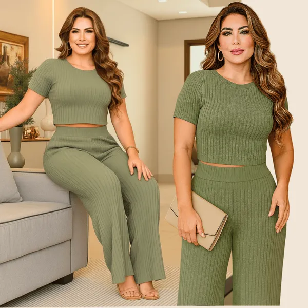 Conjunto Feminino Calça Pantalona e Cropped  Manga Curta - Malha Canelada Premium Toque de algodão