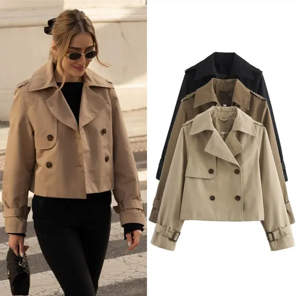Mulheres Trench Coat Curto Duplo Breasted Manga Longa Magro Solto Primavera Outono Inverno Moda Casual Elegante Formal E