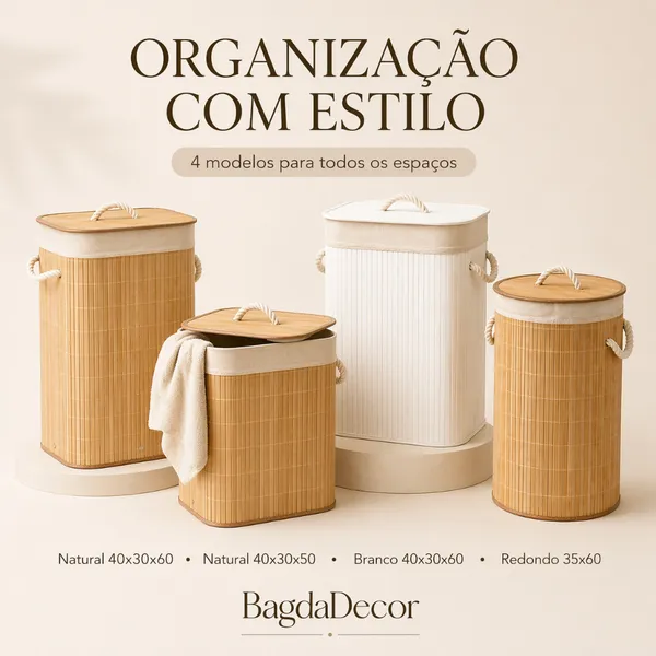 Cesto Organizador de Roupa Suja com Tampa Alça de Corda Natural/Branco Redondo e Retangular