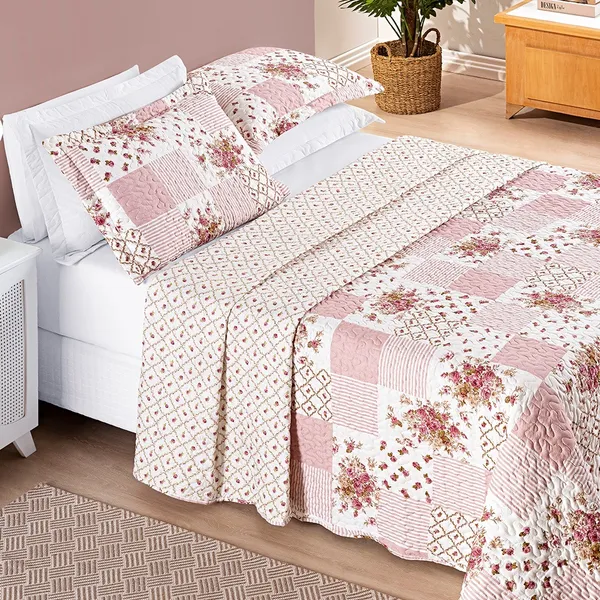 Colcha Casal Queen King  Estampada  Dupla Face Bouti Microfibra - 03 peças