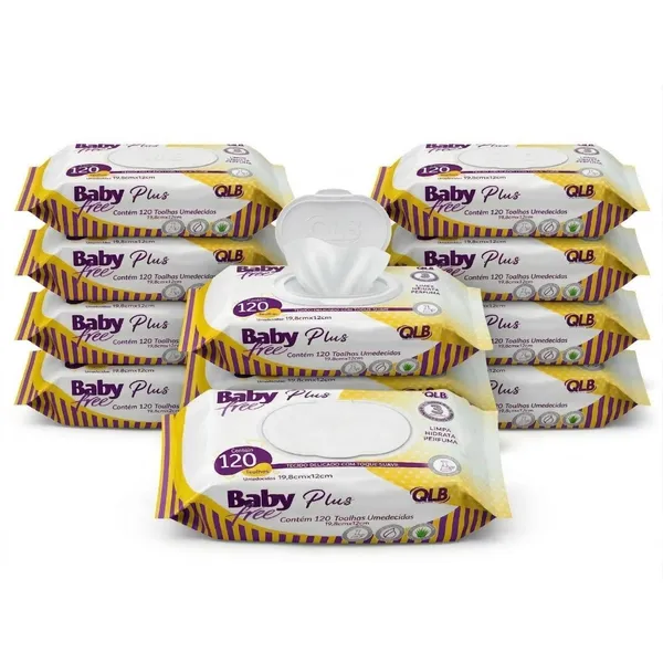Caixa com 10 Lenços/Toalhas Umedecidas Baby Free Plus c/ 120 Unidades Cada – Tampa FlipTop