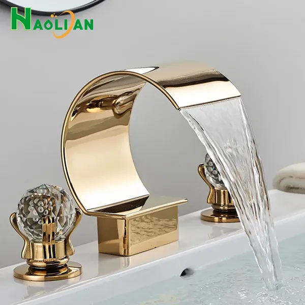 Torneira Misturador Lavatório Banheiro Dourado/Cromado Conjunto Metal Com Duplo Alças