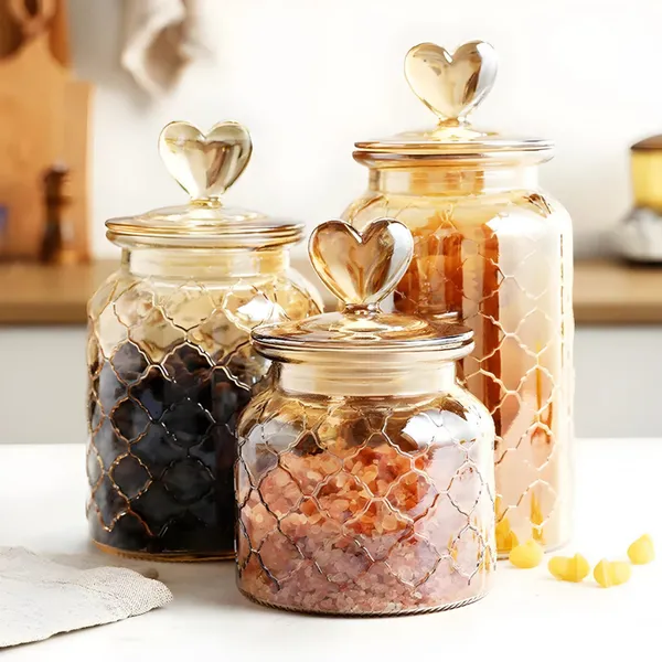 Pote Hermético Coração Vidro 600/900/1250ml Tampa Âmbar / Armazenamento Cozinha / Jogo Kit Conjunto
