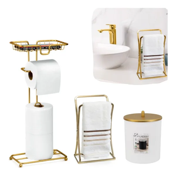 Kit Acessórios Banheiro Dourado Com Lixeira E Papeleira Porta Papel Higienico Suporte Toalha Lavado