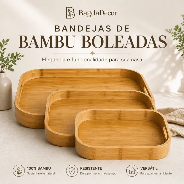 Bandeja De Bambu Redonda E Retangular Com E Sem Alça Decorativa Organizadora 11 Modelos