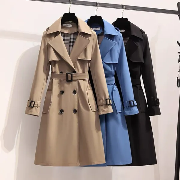 Moda Coreana Vintage Casaco Solto Mola De Outono Pólo De Manga Longa Duplo Peito Alto Midi Windbreaker