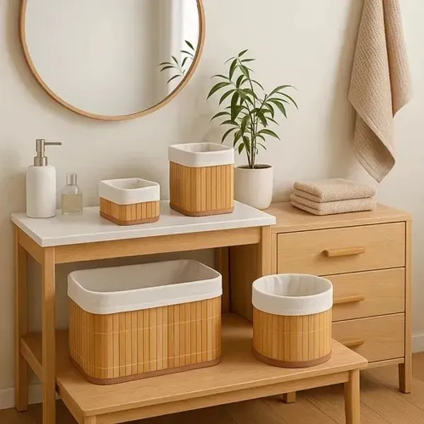 Kit  4 Cestos de Bambu Retangular Organizadores com Forro Banheiro Lavanderia Decoração ​Cosmeticos Pequeno Grande