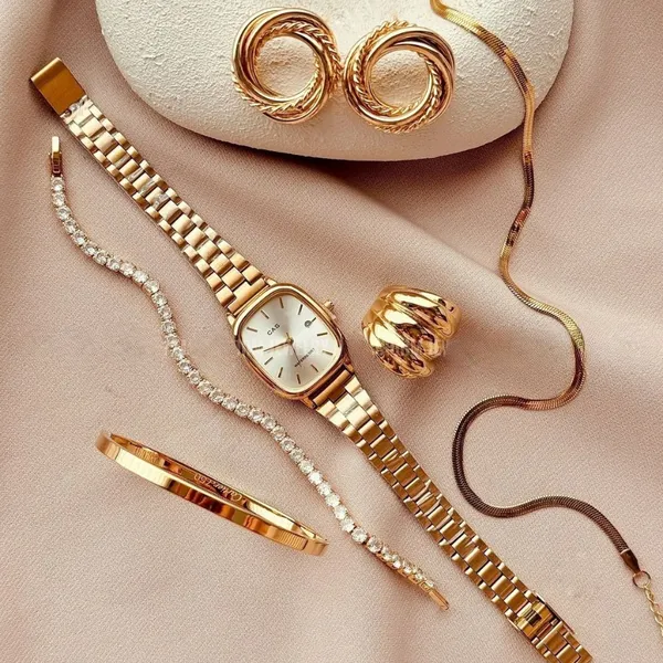6 Peças Conjunto Relógio Feminino Dourado com Bracelete Pulseira Brincos e Colar Acessórios relogio