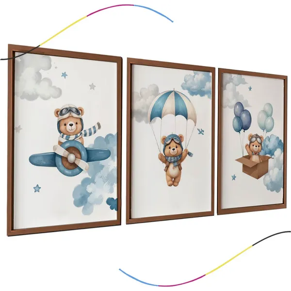 Conjunto de 3 Quadros Decorativos Infantis com moldura Urso Aviador em Azul Arte para Quarto de Bebê