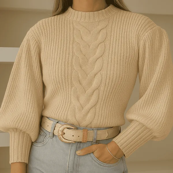 Blusa De Frio Feminina Com Trança Moda Blogueira Tendência 2025 Blusa Tricot Manga Bufante