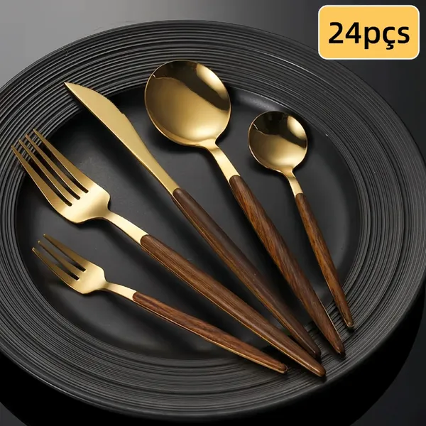 Faqueiro 24/48 Peças Aço Inox Cabo Estampa De Madeira