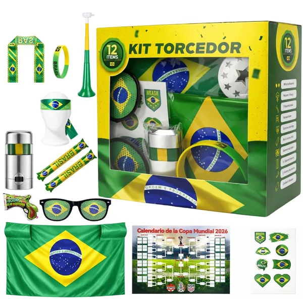 Combo Completo Torcedor Brasileiro Copa 2026 Bandeira, Adesivo, Trompete e Pintura Facial