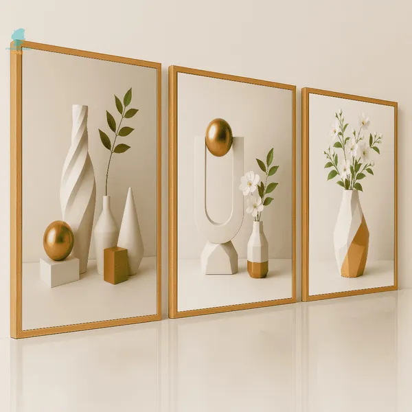 Quadros Decorativos Trio Abstrato Moderno Vaso Geométrico Branco Sala Quarto
