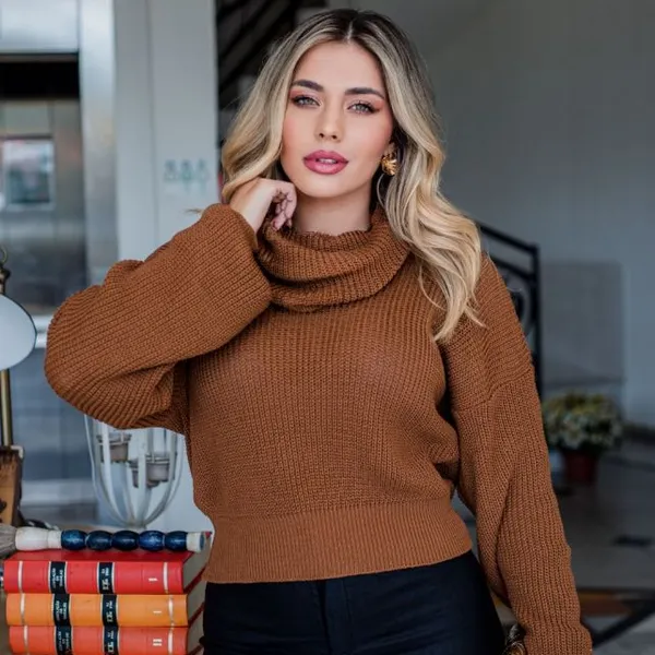 Blusa de Tricot Gola Boba Lançamento Feminino Inverno Manga Longa Elegante de Frio Gola Alta  Trico