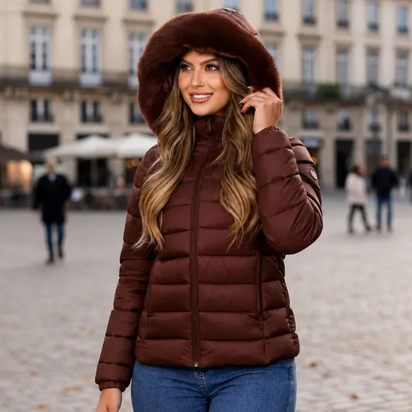 Jaqueta Feminina Puffer Impermeável com Bolso Zíper Reforçado Capuz Removível Peluciado P ao GG