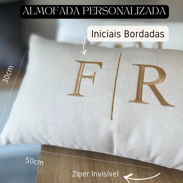 Almofada  Iniciais Bordadas Personalizadas Com Enchimento Fibra Siliconada Baguete Linho Veludo