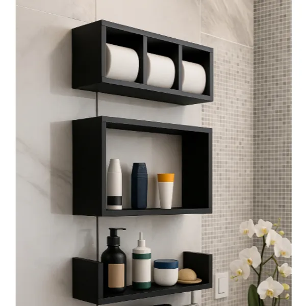 Kit 3 Nichos para banheiro Prateleiras Organizador shampoo toalha e papel higiênico em Preto ou Branco 100% Mdf