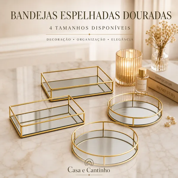 Bandeja Decorativa Espelhada Multiuso Retangular ou Redonda Porta Maquiagem ou Perfume Dourada