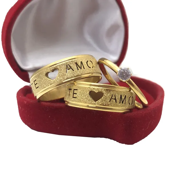 Par de Aliança Anatomica Diamantada Te amo com Coração Vazado de casamento e noivado