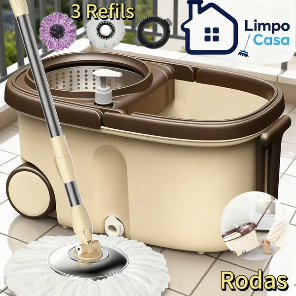 Mop mágico 360° com balde de aço inoxidável e 3 refis - Rolos práticos e função de torção automática