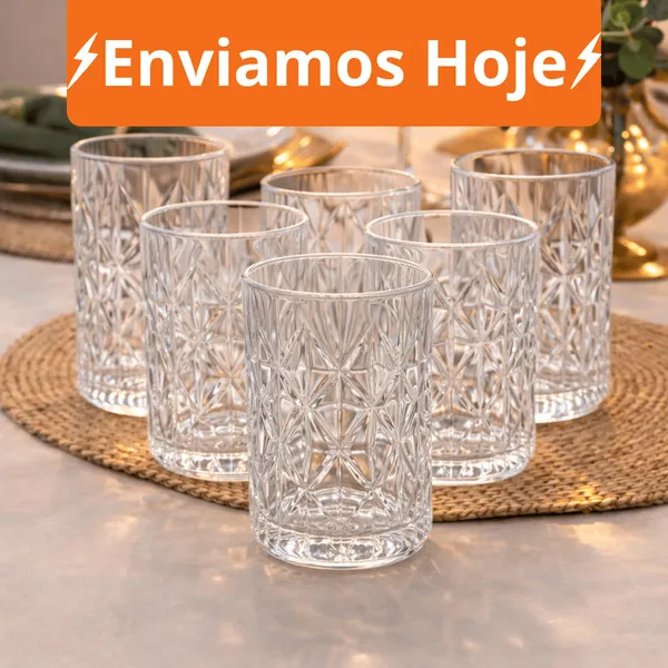 Jogo ​ate 12 Copos Baixos Diamond 300ml Vidro Grosso Diamante Luxo
