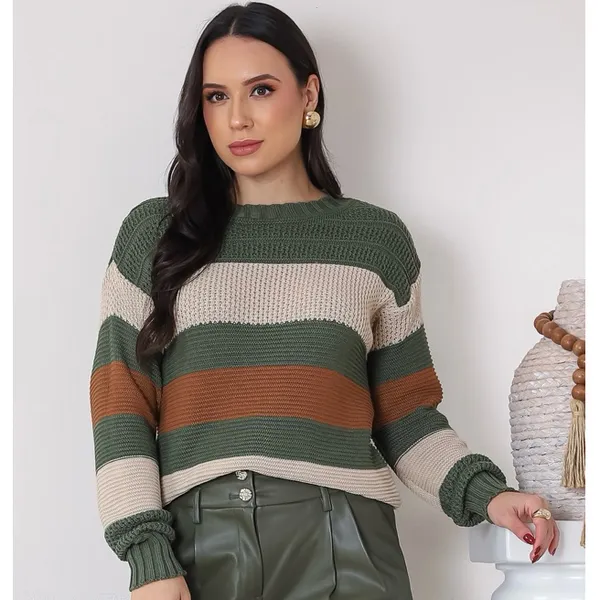 Blusa Feminina de Frio Listrada de Tricot Lã Premium Manga Longa Gola Redonda Lançamento Inverno