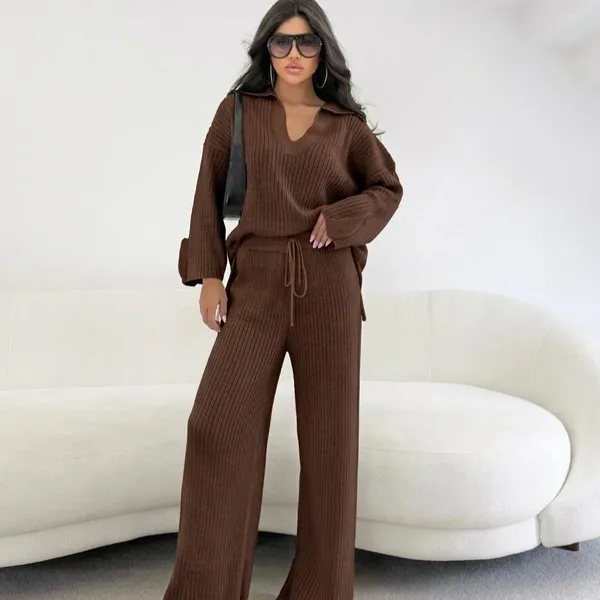 Conjunto Feminino em Tricot Blusa Alongada Oversized Polo e Calça Canelada Cordão Ajustável Aerolook