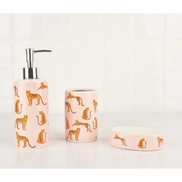 Kit De Banheiro Leopardo com 3 Peças de Cerâmica Cheetah Seanite Saboneteira Dispenser Porta Escova