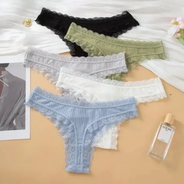 5 Calcinhas em Algodão Canelado Fio Dental com Renda  Conforto e Sensualidade ​Moda Íntima Feminina