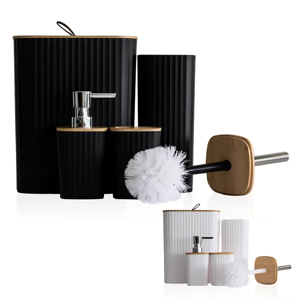 Kit Banheiro Quadrado 4 Peças Completo Lixeira Tampa Bambu Lavabo Escova Sanitária Puxador couro