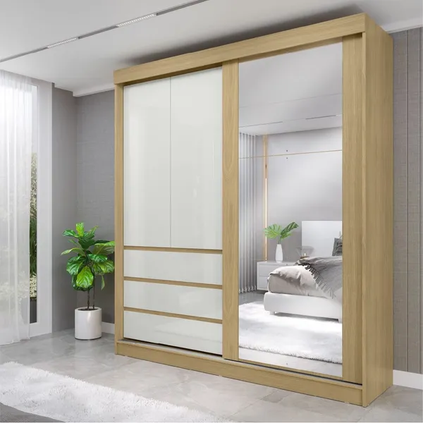 Guarda-roupa Casal Bagda 100% MDF 3 Portas 3 Gavetas com Espelho Sim