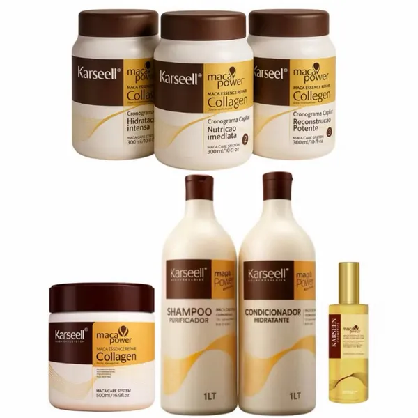 Kit Karseell Premium 7 Itens • Trio Cronograma Profissional+Shamp 1L, Cond 1L, Másc 500g e Oleo 50ml