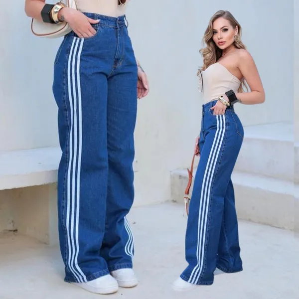 Calça Jeans Feminina Cargo Wide Leg Cintura Alta Listras Laterais Estilo Esportivo Streetwear