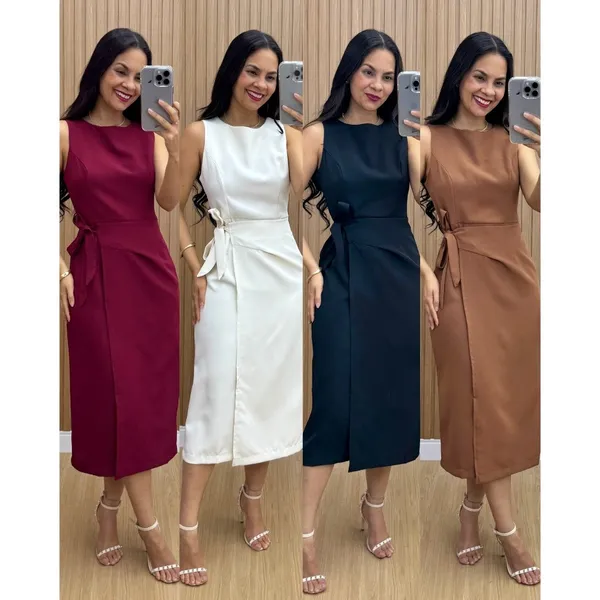Vestido Feminino Alfaiataria Midi com Amarração Lateral Elegante