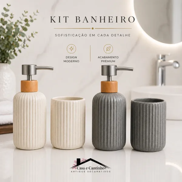 Kit Banheiro 2 Peças Lavabo Porta Dupla Sabonete Líquido Dispenser Porta Escova Decoração