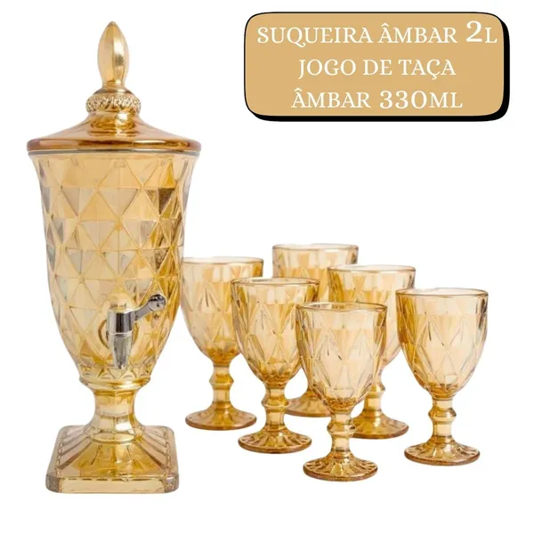 Suqueira de Vidro 2L ou 6 Taças 340ML Âmbar Designer Diamante ou Kit Taça + Suqueira  Premium