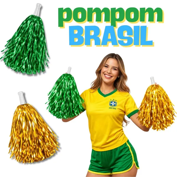 Kit Pom Pom Metalizado 5 pares, 2 pares ou 1 par Brasil Copa Líder de Torcida Festa Torcedor