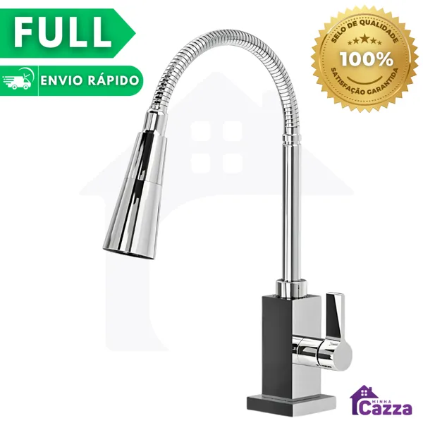 Torneira Inox Gourmet Cozinha  Mesa Bancada Cromada Flexível Quadrada 1/4 de Volta