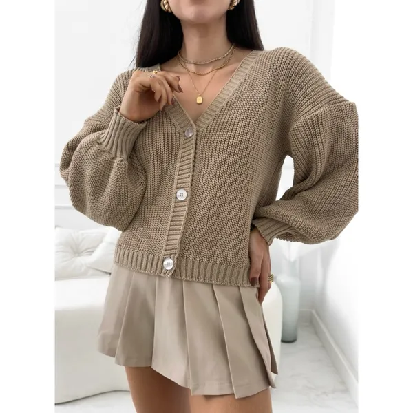 Casaco Tricô Premium Manga Bufante Cardigan Feminino Elegante Tricô Grosso Inverno Encorpado