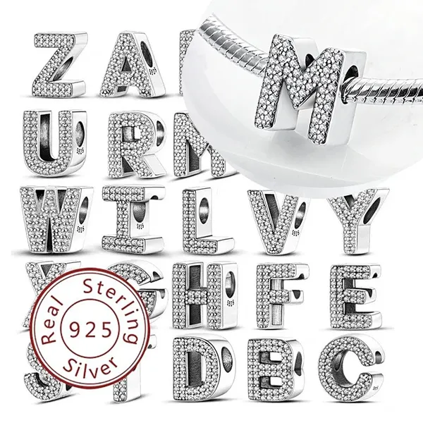 925 prata 26 letras Original diamante pingente contas para letras zircão pingente contas para pulseira jóias DIY