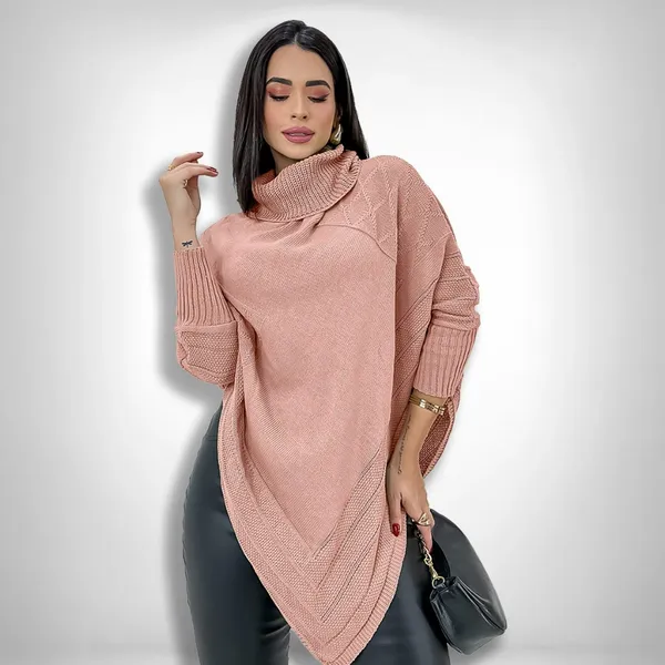Poncho Casaco Lã Feminino Trico Blusa De Frio Inverno Bico