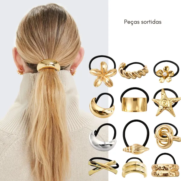 Acessórios de Cabelo Dourado Xuxa Elástico Elegante Luxo Feminino Amarrador Prendedor Metálico