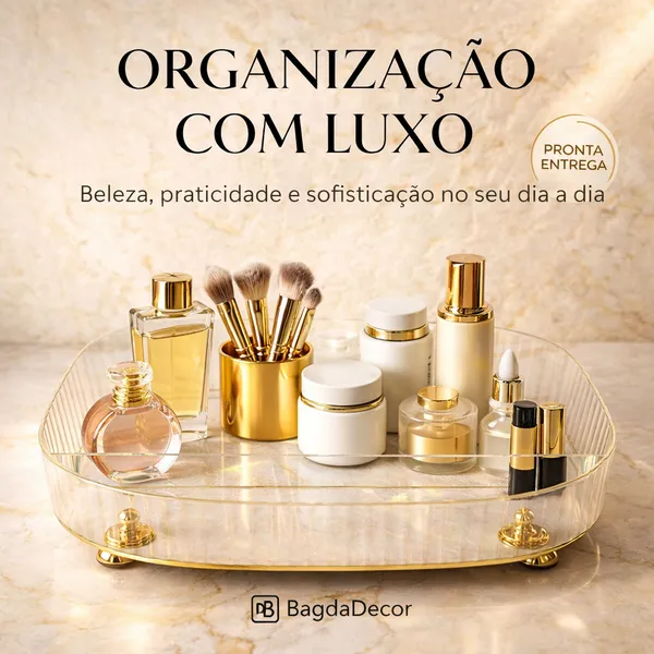 Bandeja Acrílica com Pés Dourados | Organizador de Maquiagem, Perfumes, Joias e Cosméticos🔝