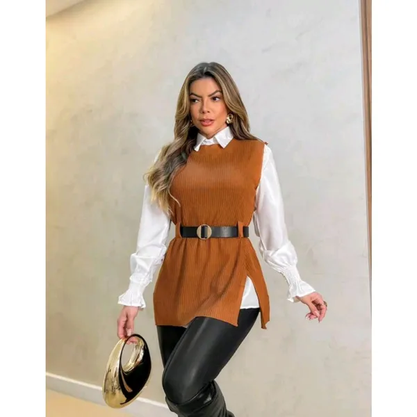 Conjunto  Três Peças  Inverno  Camisa Com Colete  Em Tricô Modal E cinto