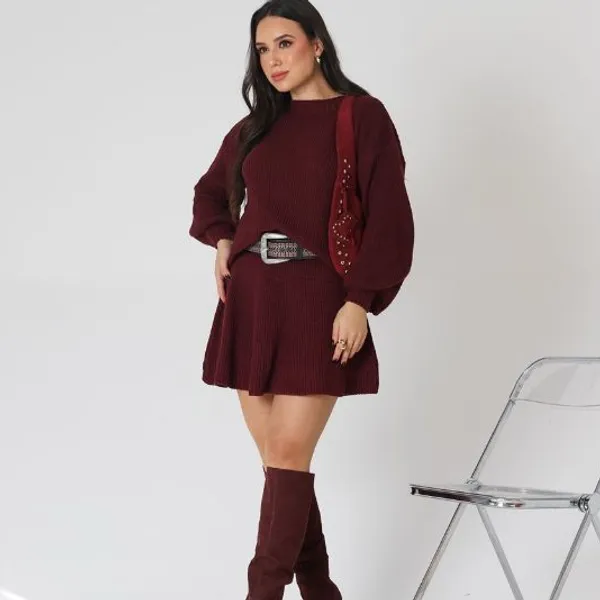 Conjunto em Tricot Feminino Saia Godê e Blusa Manga Bufante Moda Blogueira Gringa Tendência Inverno